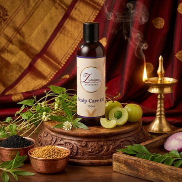 Scalp care oil bottle on a wooden platform with herbs and a lamp in a traditional setting