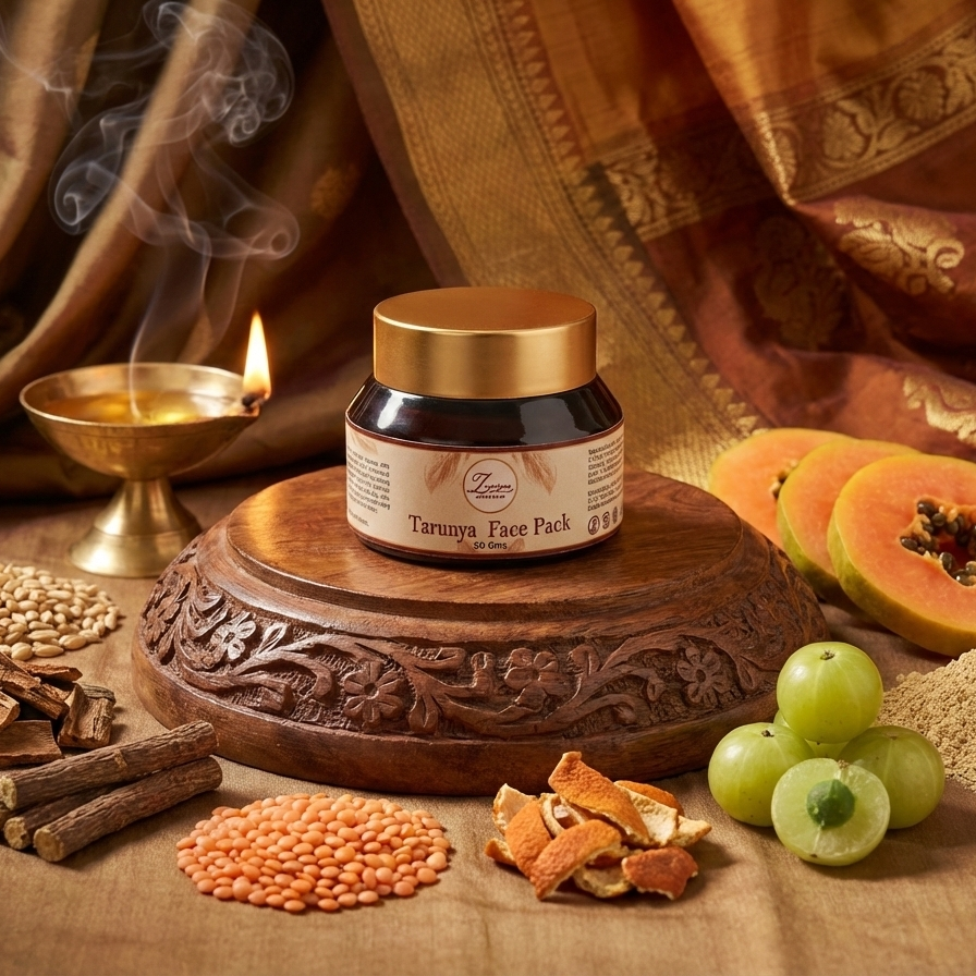 Jar of Turmeric Face Pack on a wooden platform with ingredients and a lit lamp in the background
